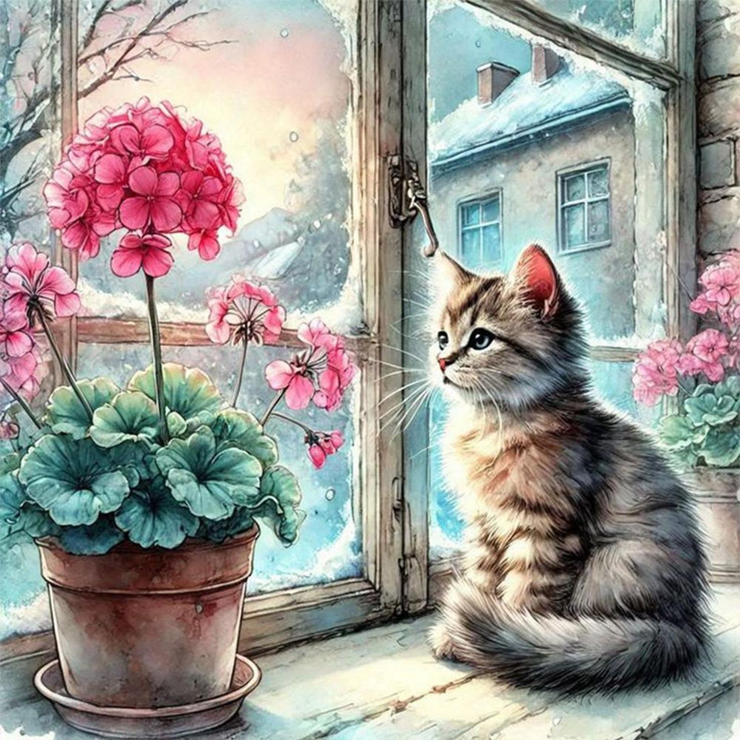 Cat By Window - Full 11CT Stamped Cross Stitch 50x50CM - Yishu