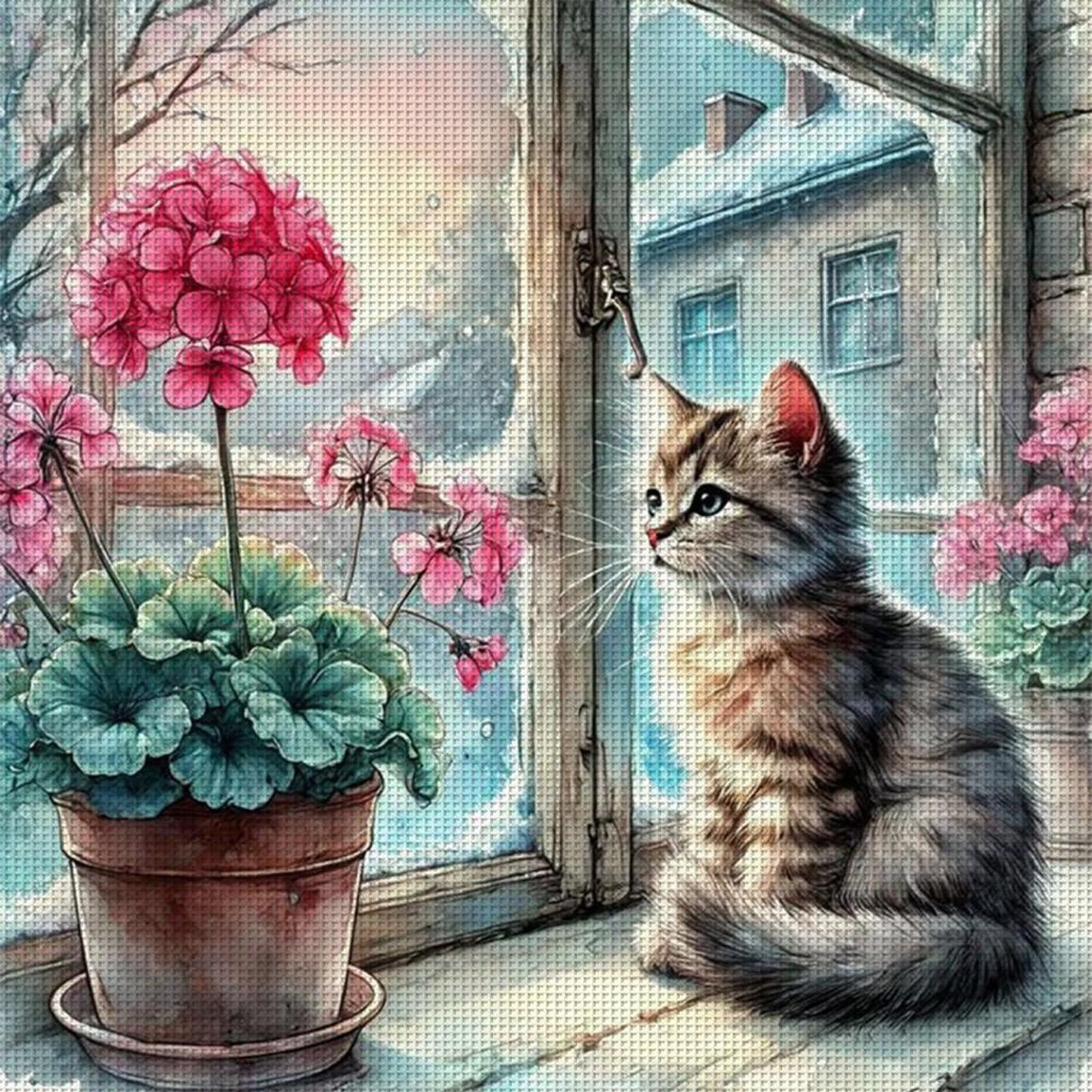 Cat By Window - Full 11CT Stamped Cross Stitch 50x50CM - Yishu