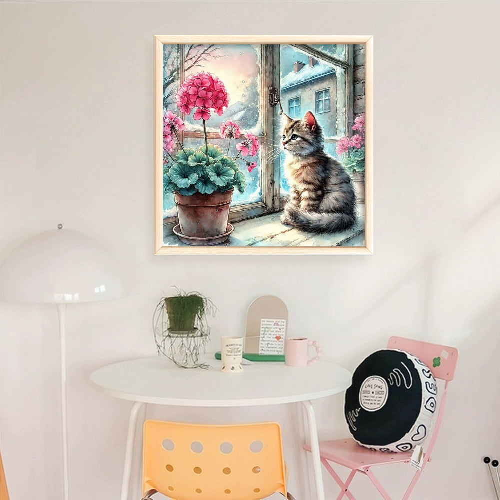Cat By Window - Full 11CT Stamped Cross Stitch 50x50CM - Yishu