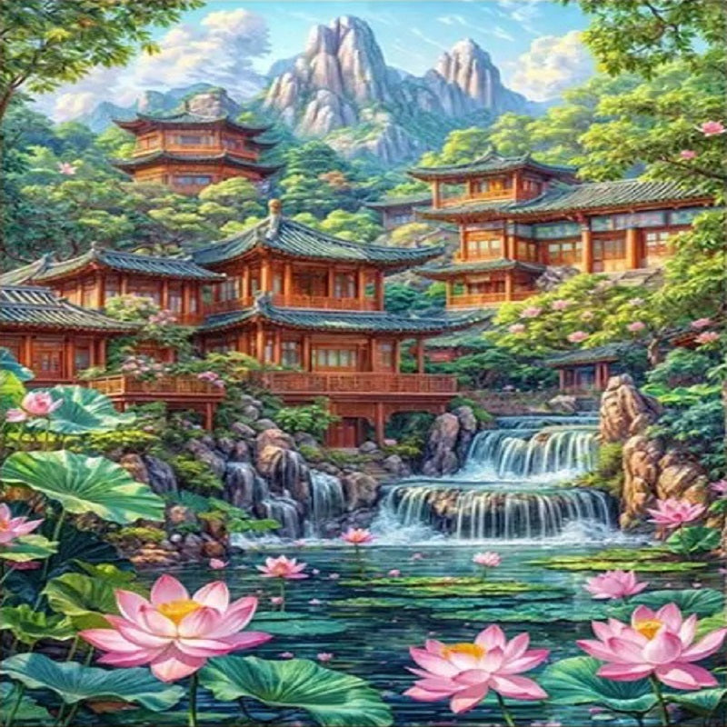 Lotus Pond And Attic - Full 11CT Stamped Cross Stitch 40x60CM - Yishu
