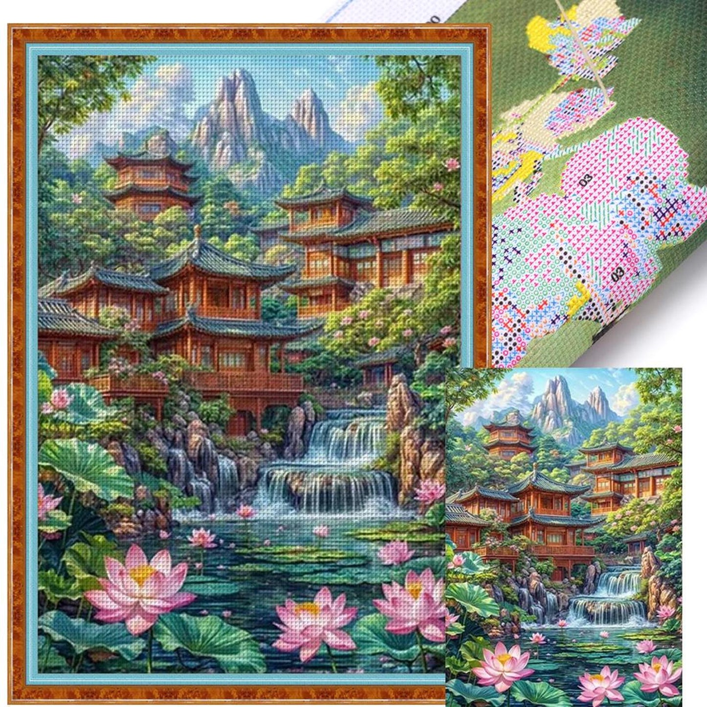 Lotus Pond And Attic - Full 11CT Stamped Cross Stitch 40x60CM - Yishu