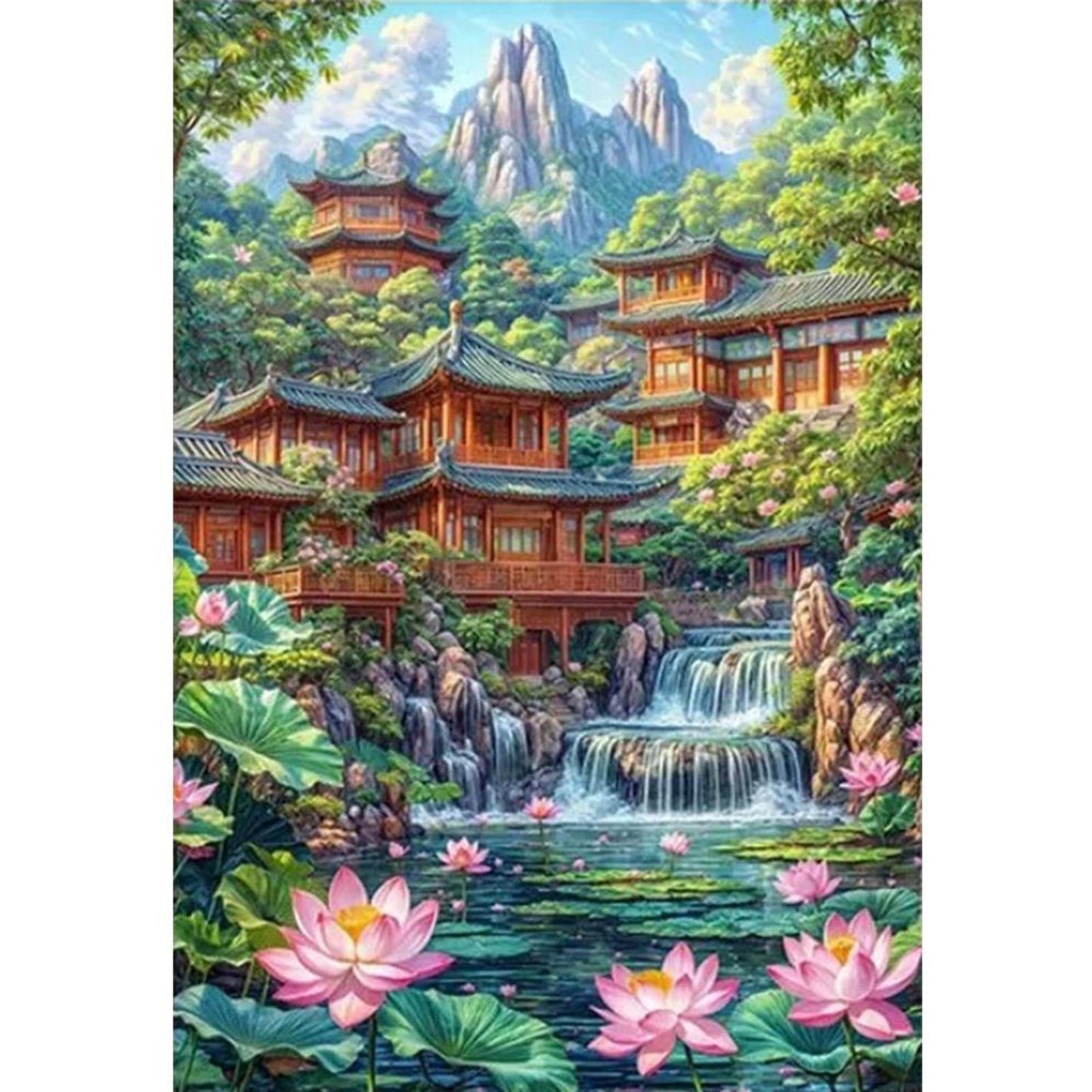 Lotus Pond And Attic - Full 11CT Stamped Cross Stitch 40x60CM - Yishu