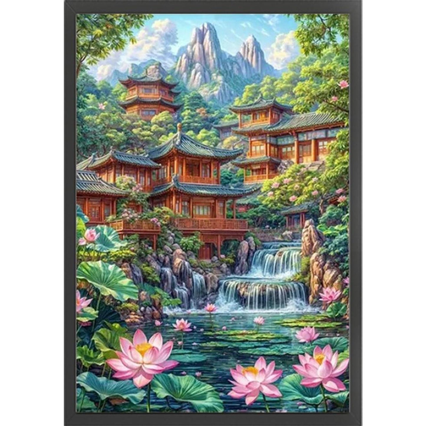 Lotus Pond And Attic - Full 11CT Stamped Cross Stitch 40x60CM - Yishu