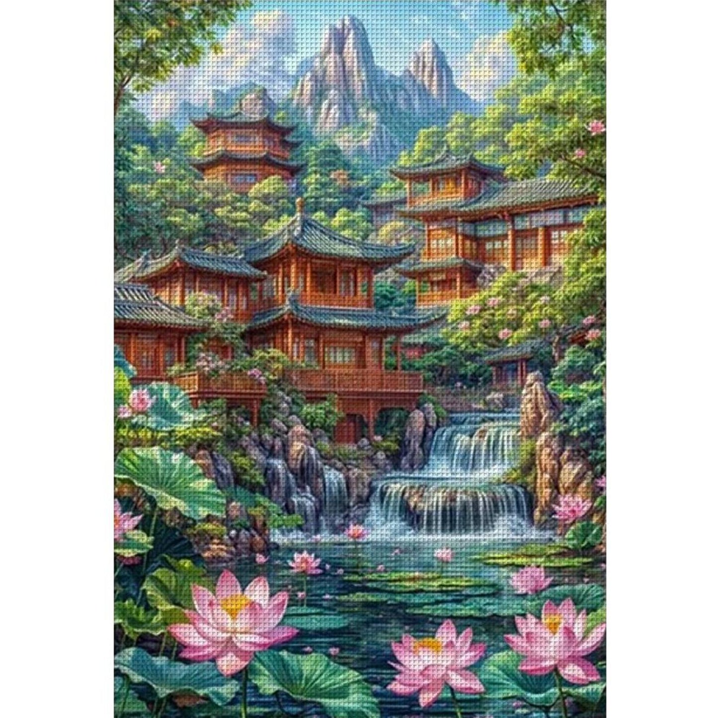 Lotus Pond And Attic - Full 11CT Stamped Cross Stitch 40x60CM - Yishu