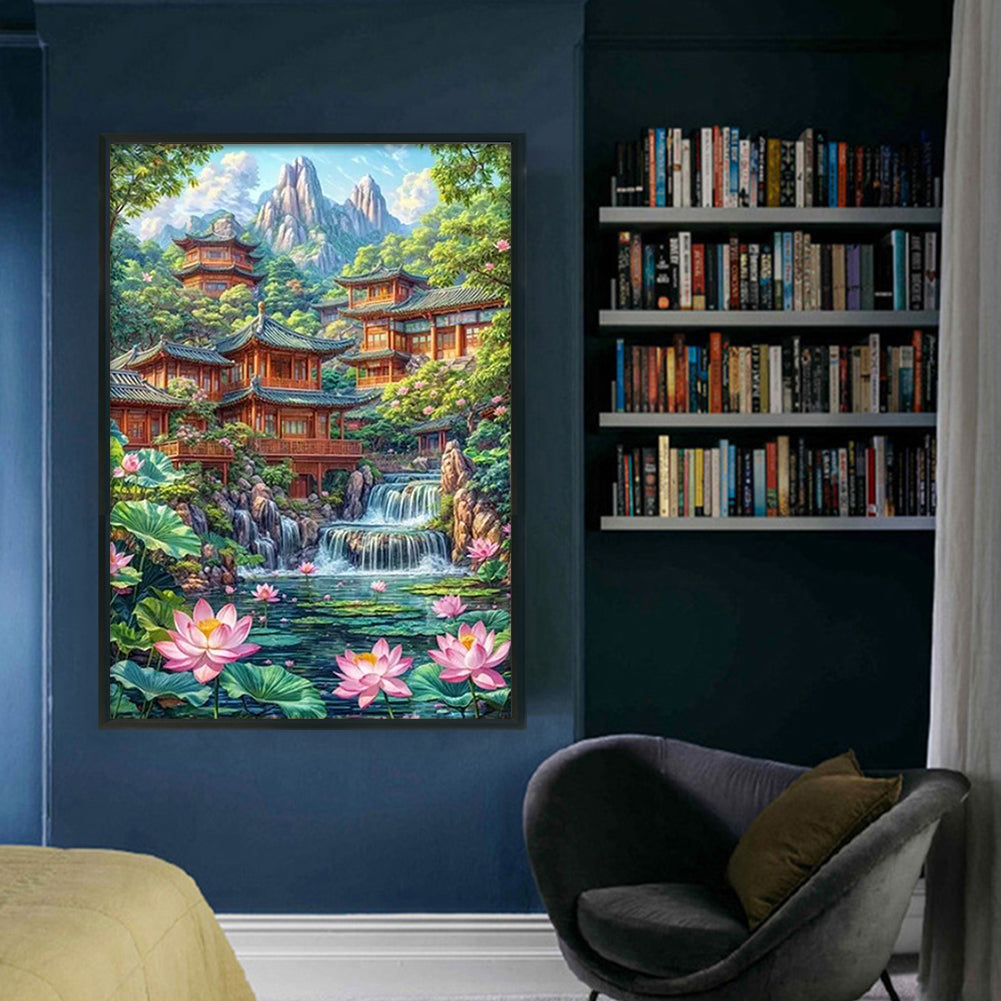 Lotus Pond And Attic - Full 11CT Stamped Cross Stitch 40x60CM - Yishu