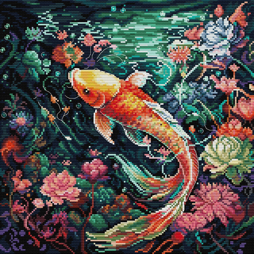 Koi - Full 14CT Stamped Cross Stitch 36x36CM - Joy Sunday Backstitch