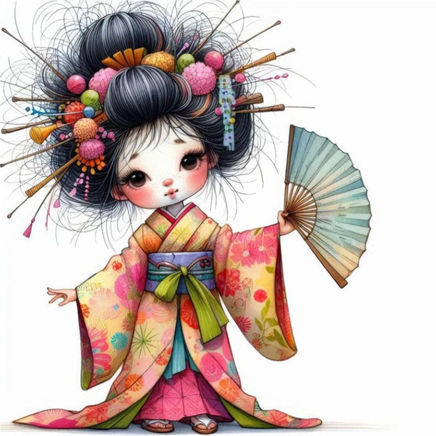 Cartoon Japanese Geisha - Full 11CT Stamped Cross Stitch 40x40CM - Yishu
