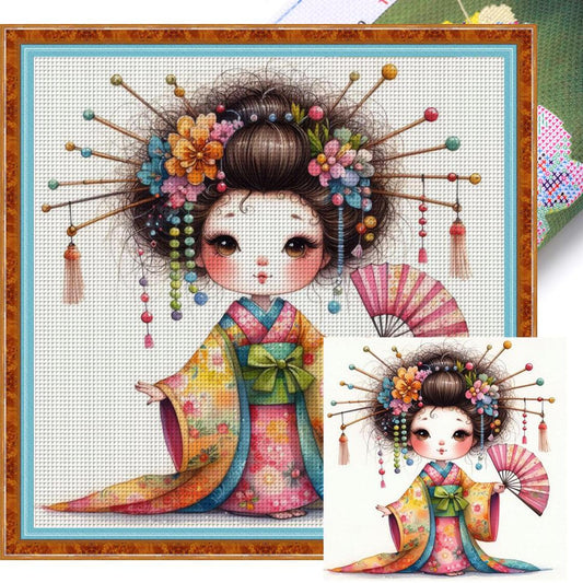 Cartoon Japanese Geisha - Full 11CT Stamped Cross Stitch 40x40CM - Yishu