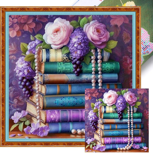 Books And Flowers - Full 11CT Stamped Cross Stitch 45x45CM - Yishu