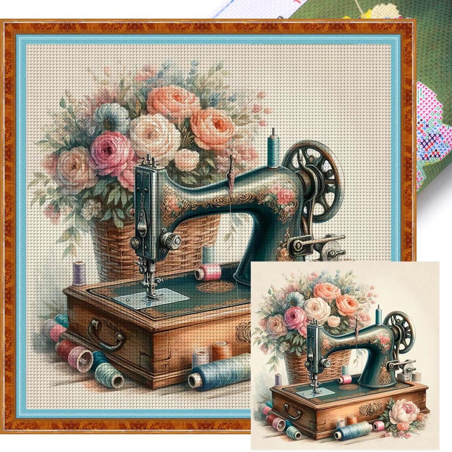 Sewing Machine With Flowers - Full 11CT Stamped Cross Stitch 45x45CM - Yishu