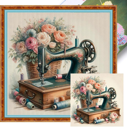 Sewing Machine With Flowers - Full 11CT Stamped Cross Stitch 45x45CM - Yishu