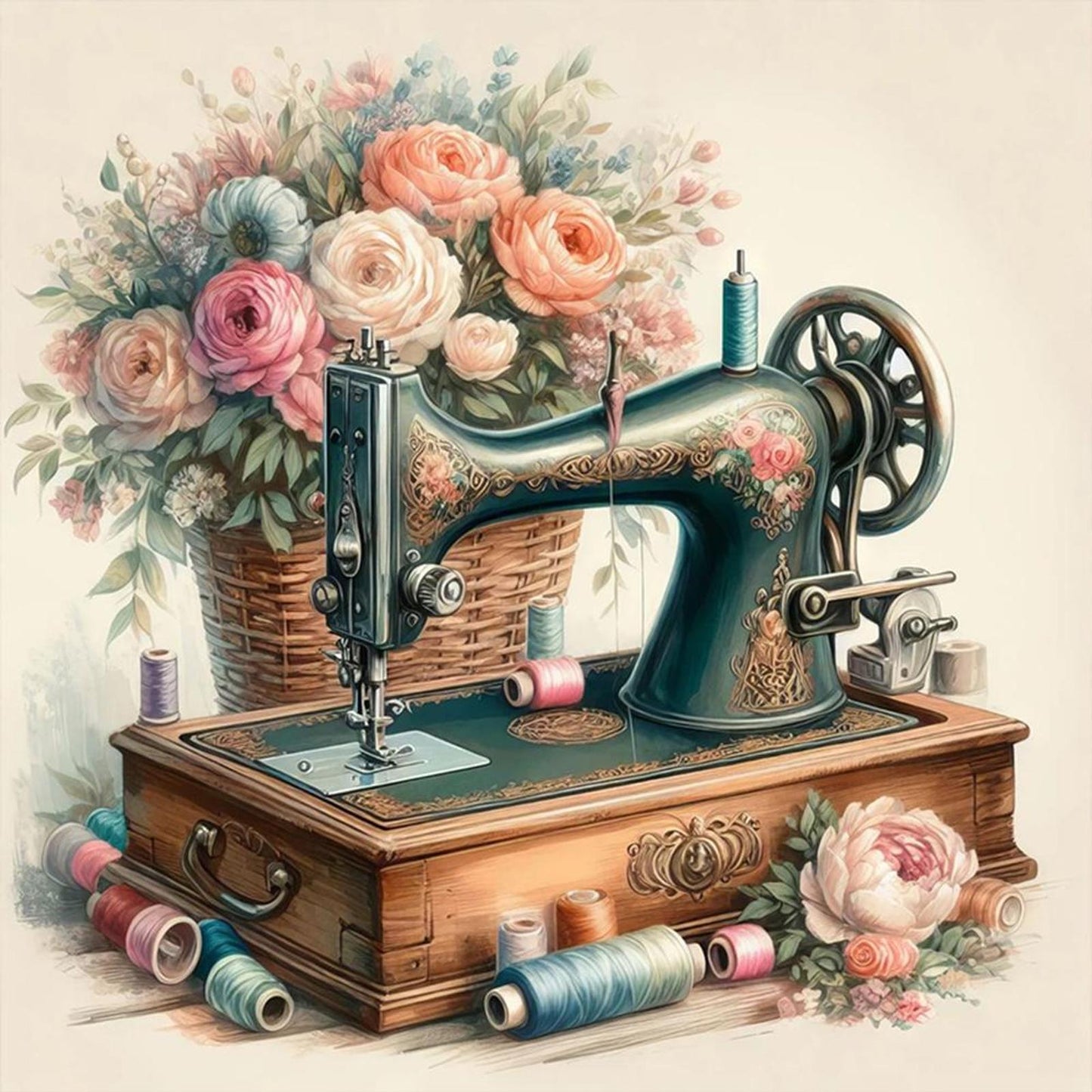 Sewing Machine With Flowers - Full 11CT Stamped Cross Stitch 45x45CM - Yishu