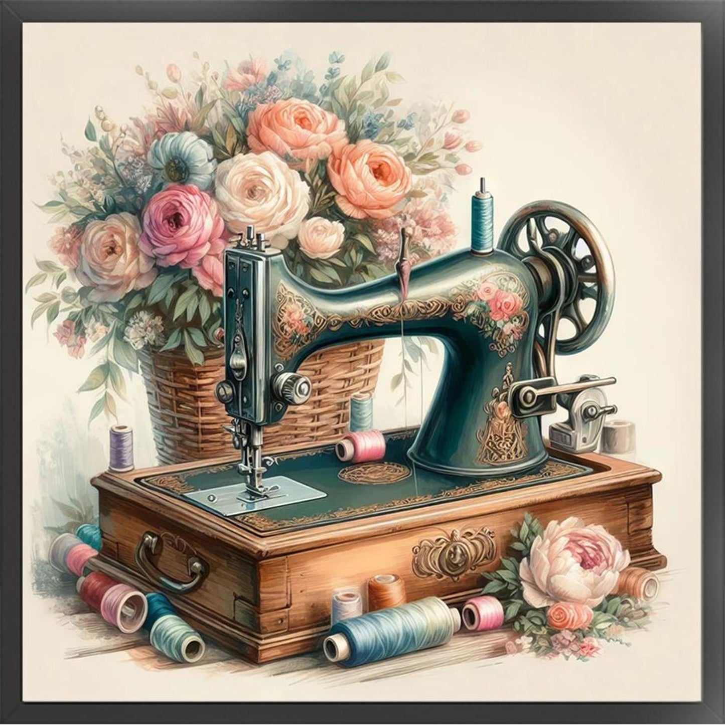 Sewing Machine With Flowers - Full 11CT Stamped Cross Stitch 45x45CM - Yishu