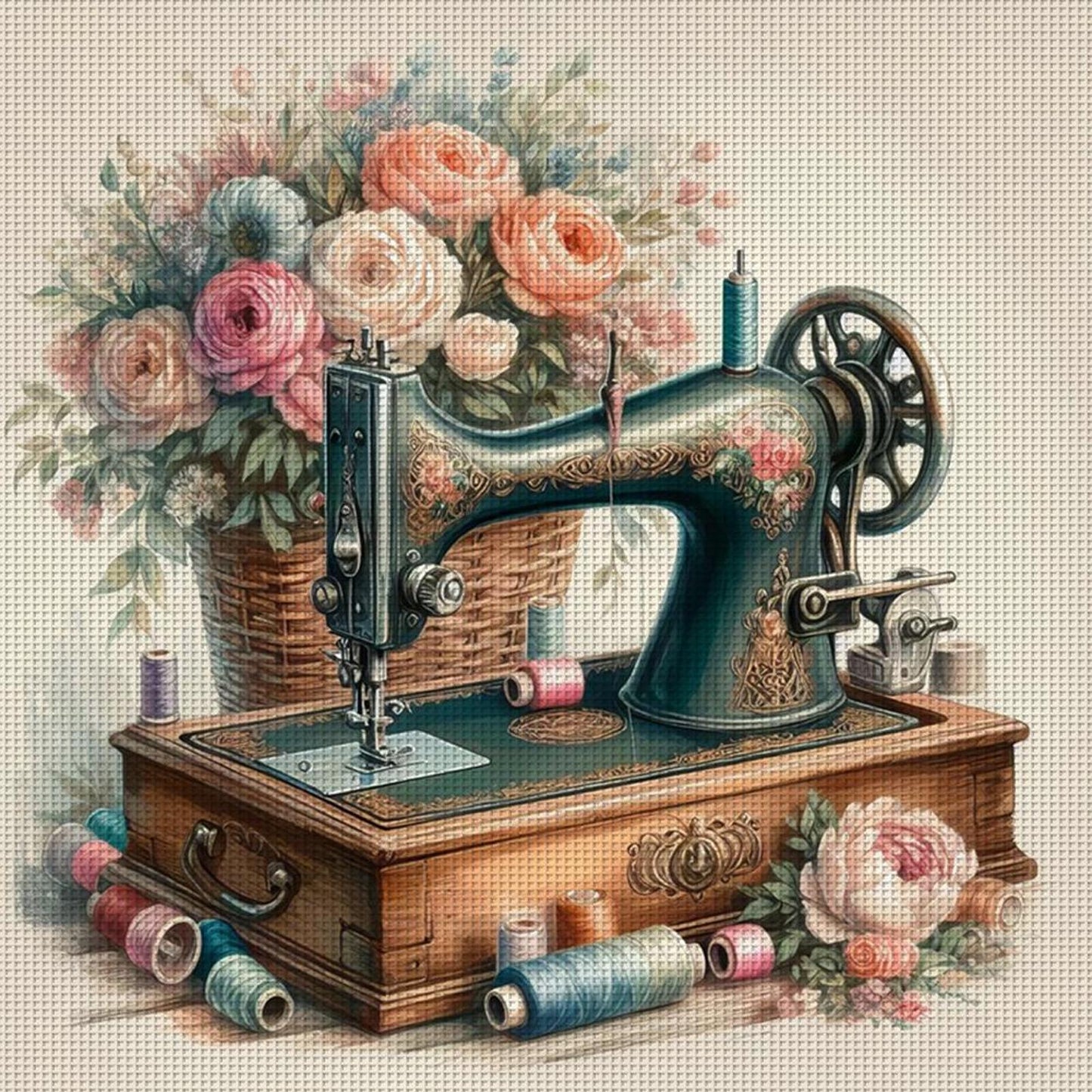 Sewing Machine With Flowers - Full 11CT Stamped Cross Stitch 45x45CM - Yishu