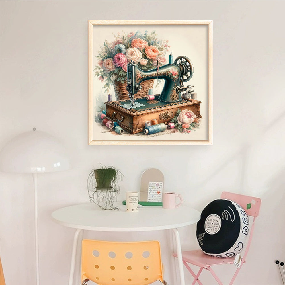 Sewing Machine With Flowers - Full 11CT Stamped Cross Stitch 45x45CM - Yishu