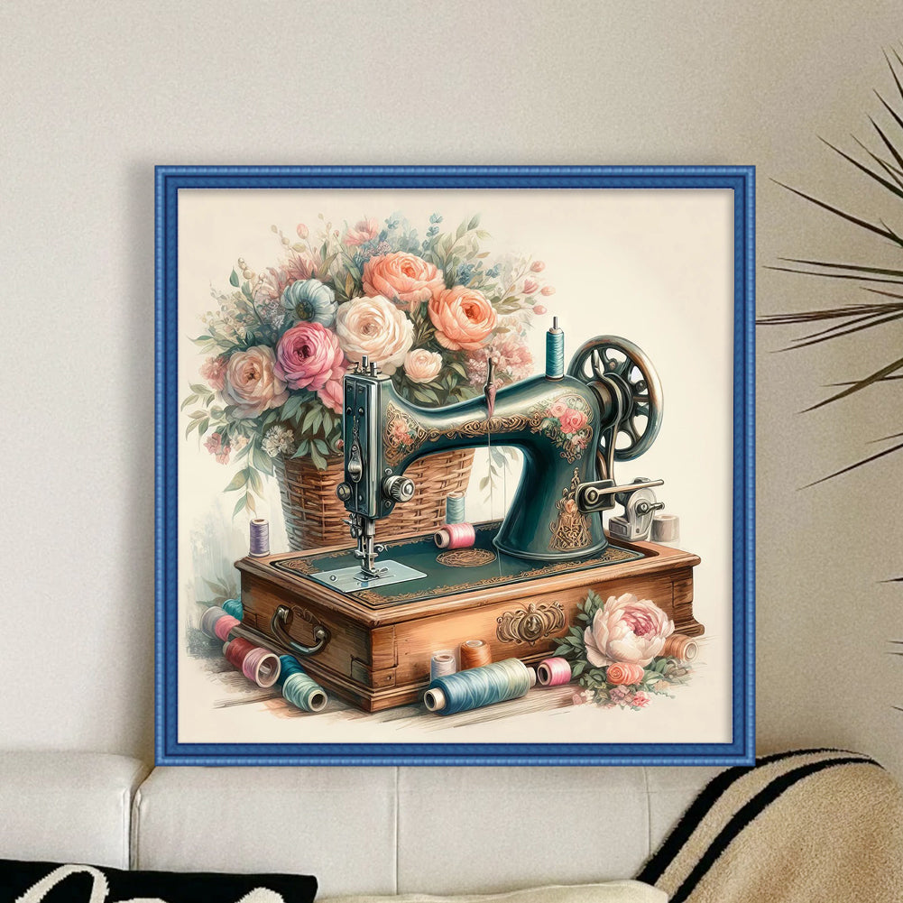 Sewing Machine With Flowers - Full 11CT Stamped Cross Stitch 45x45CM - Yishu