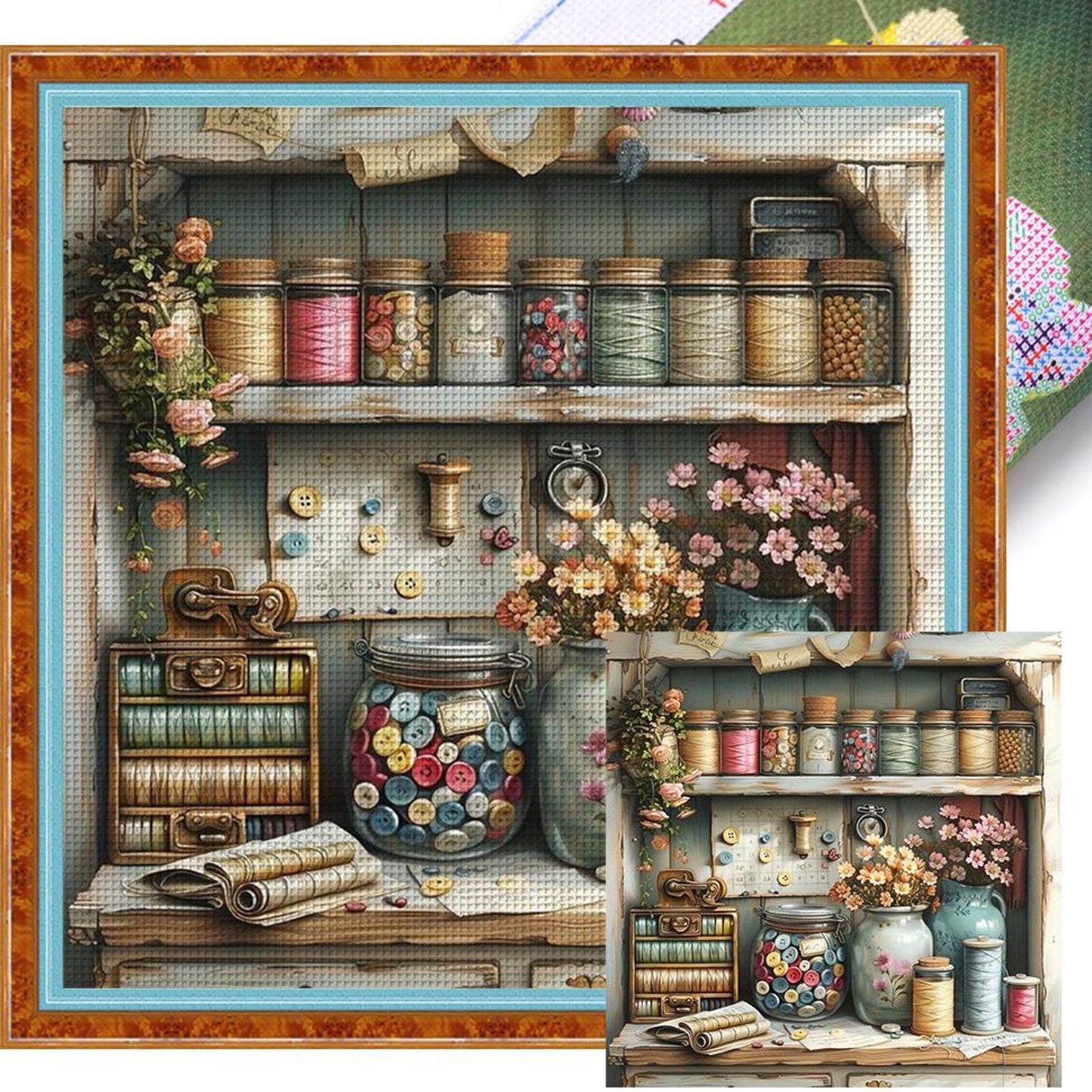 Flowers And Glass Bottle - Full 11CT Stamped Cross Stitch 45x45CM - Yishu