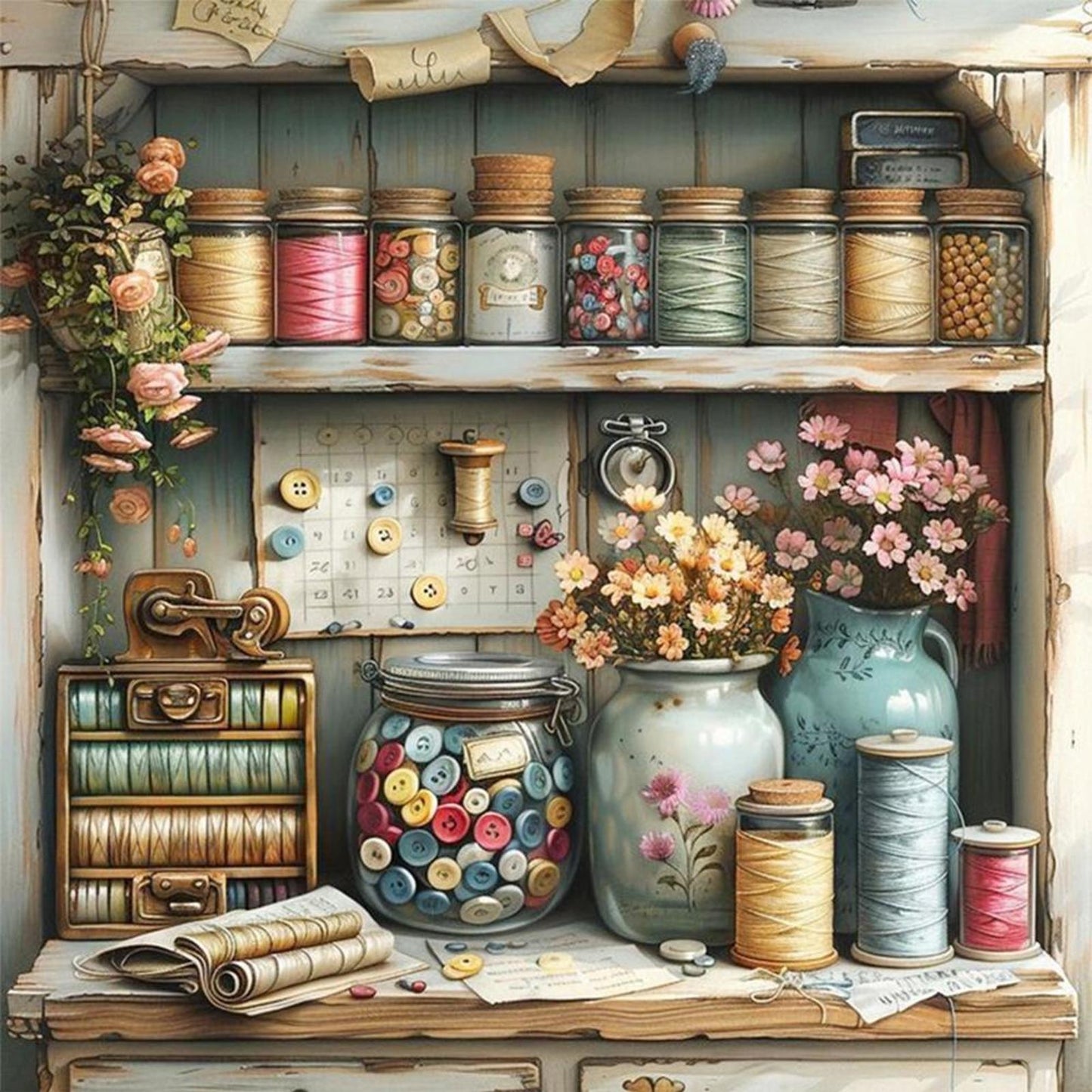 Flowers And Glass Bottle - Full 11CT Stamped Cross Stitch 45x45CM - Yishu