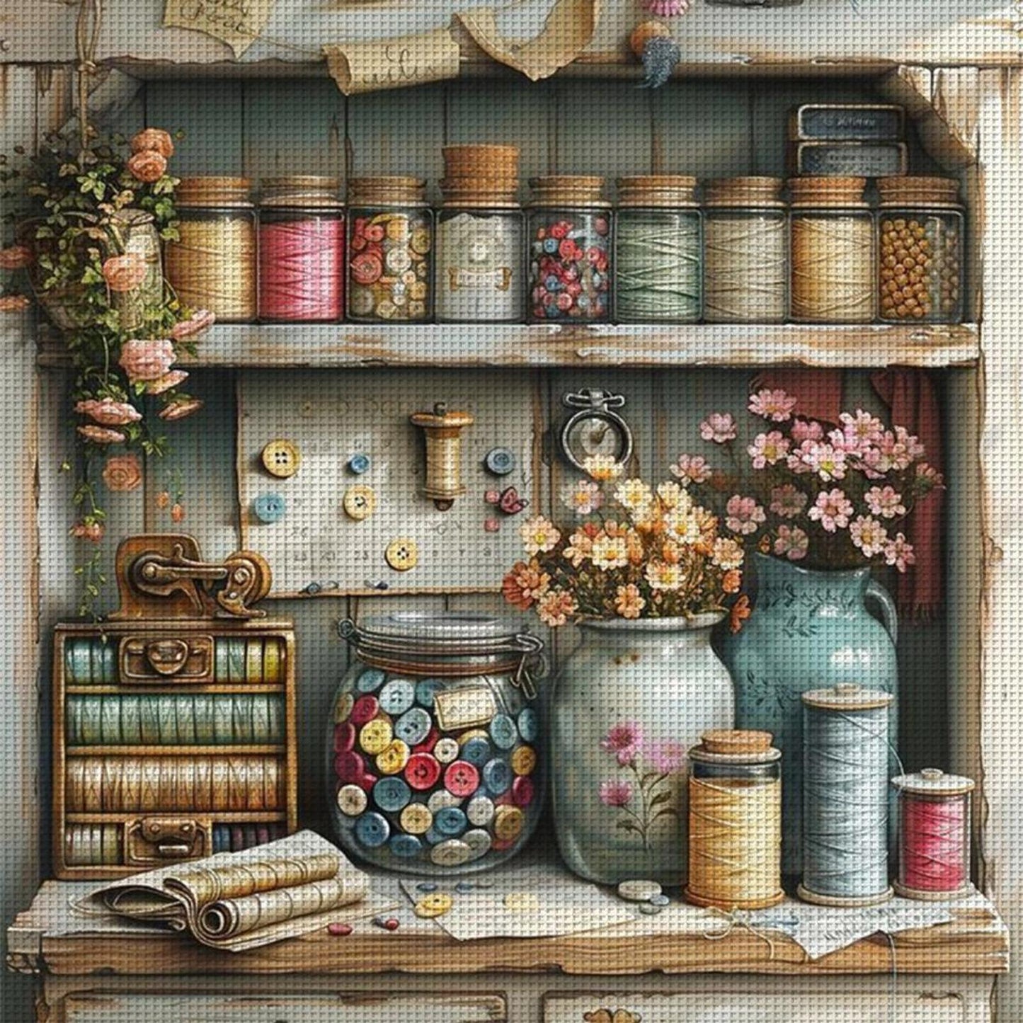 Flowers And Glass Bottle - Full 11CT Stamped Cross Stitch 45x45CM - Yishu