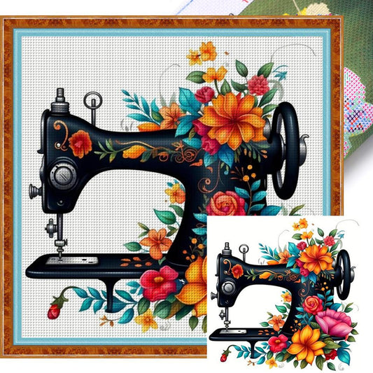 Sewing Machine With Flowers And Plants - Full 14CT Stamped Cross Stitch 40x40CM - Huacan