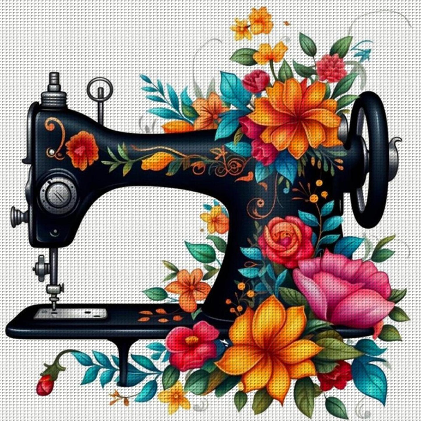 Sewing Machine With Flowers And Plants - Full 14CT Stamped Cross Stitch 40x40CM - Huacan