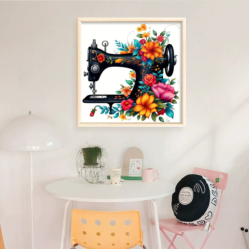 Sewing Machine With Flowers And Plants - Full 14CT Stamped Cross Stitch 40x40CM - Huacan