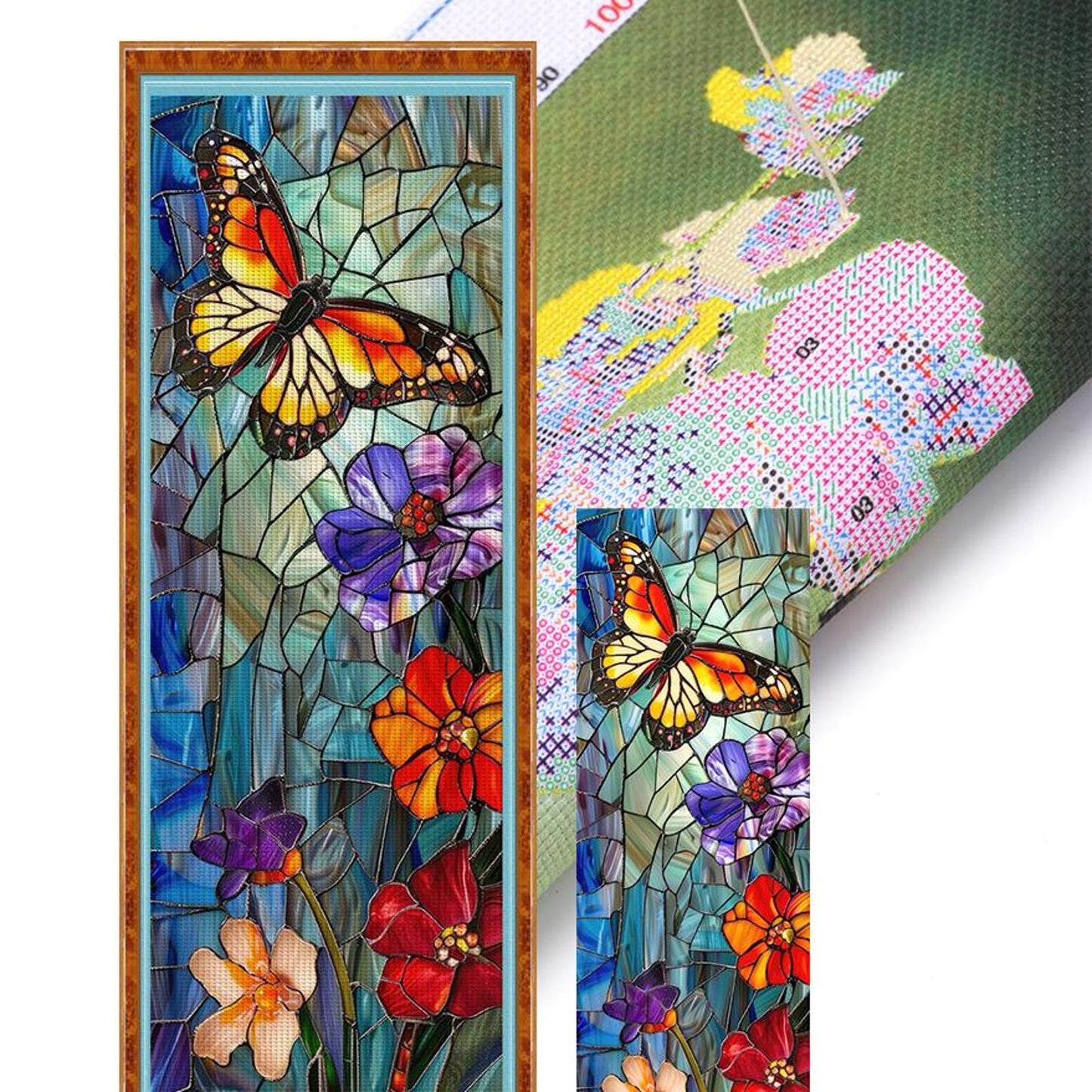 Glass Painting With Butterflies And Plants - Full 11CT Stamped Cross Stitch 30x90CM - Yishu