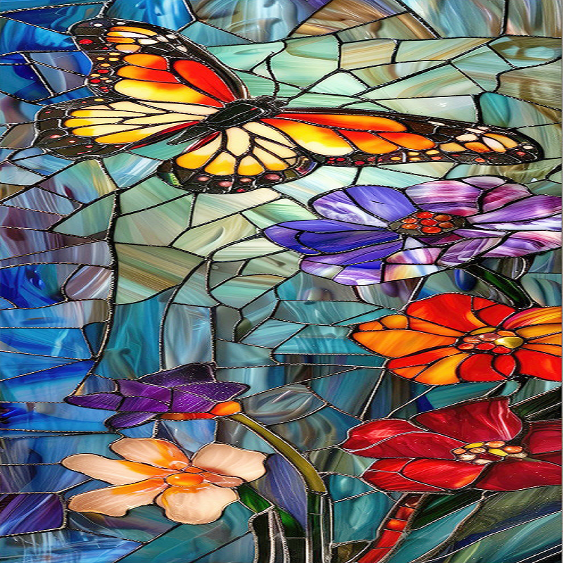 Glass Painting With Butterflies And Plants - Full 11CT Stamped Cross Stitch 30x90CM - Yishu