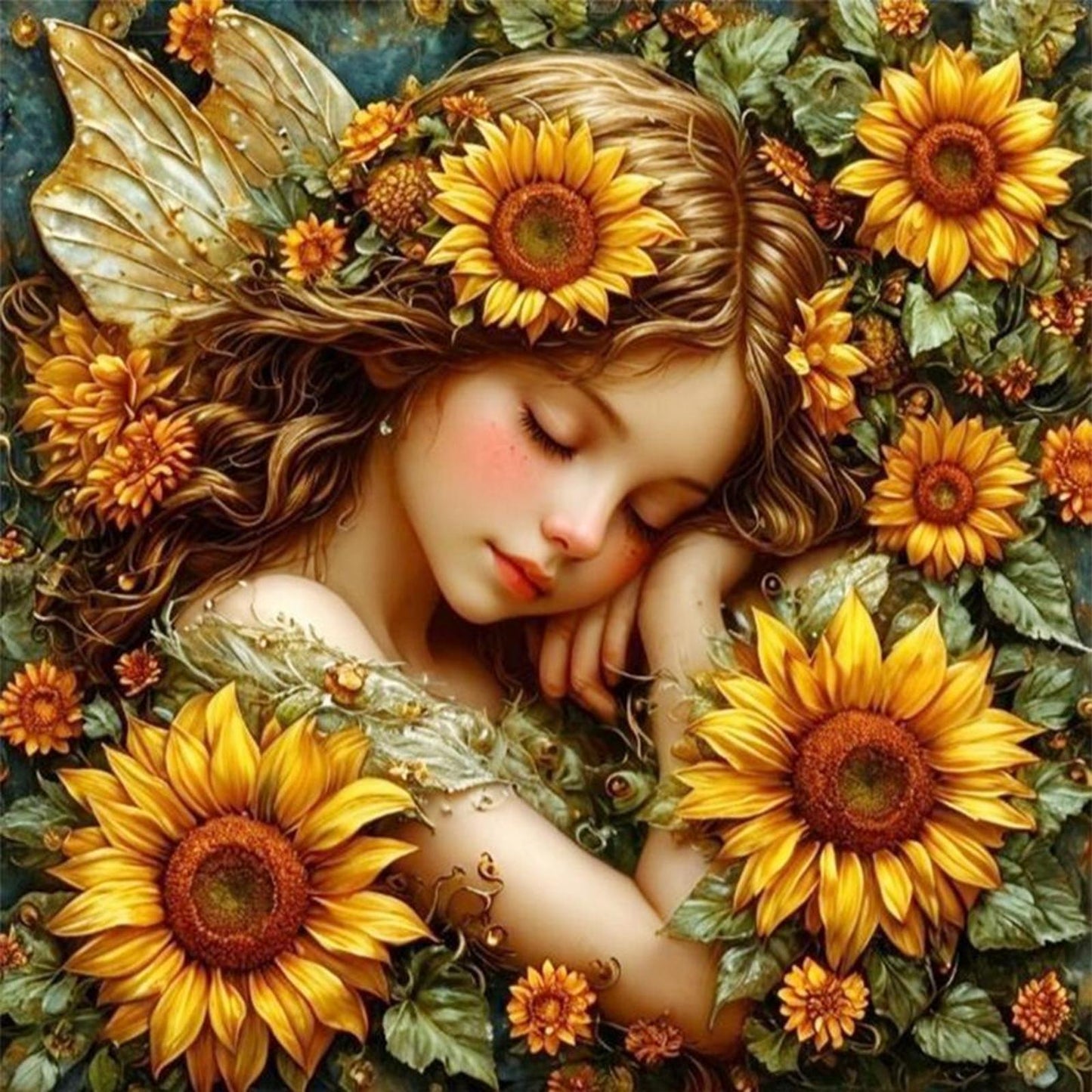 Sleeping Sunflower Fairy - Full 11CT Stamped Cross Stitch 45x45CM - Yishu