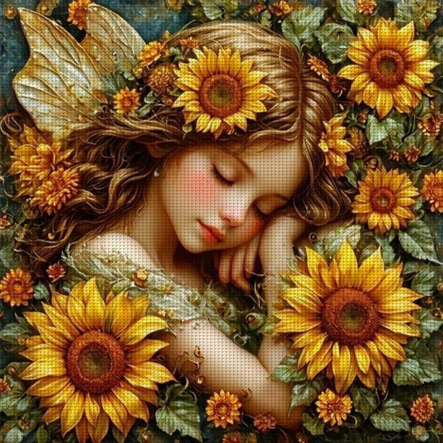 Sleeping Sunflower Fairy - Full 11CT Stamped Cross Stitch 45x45CM - Yishu