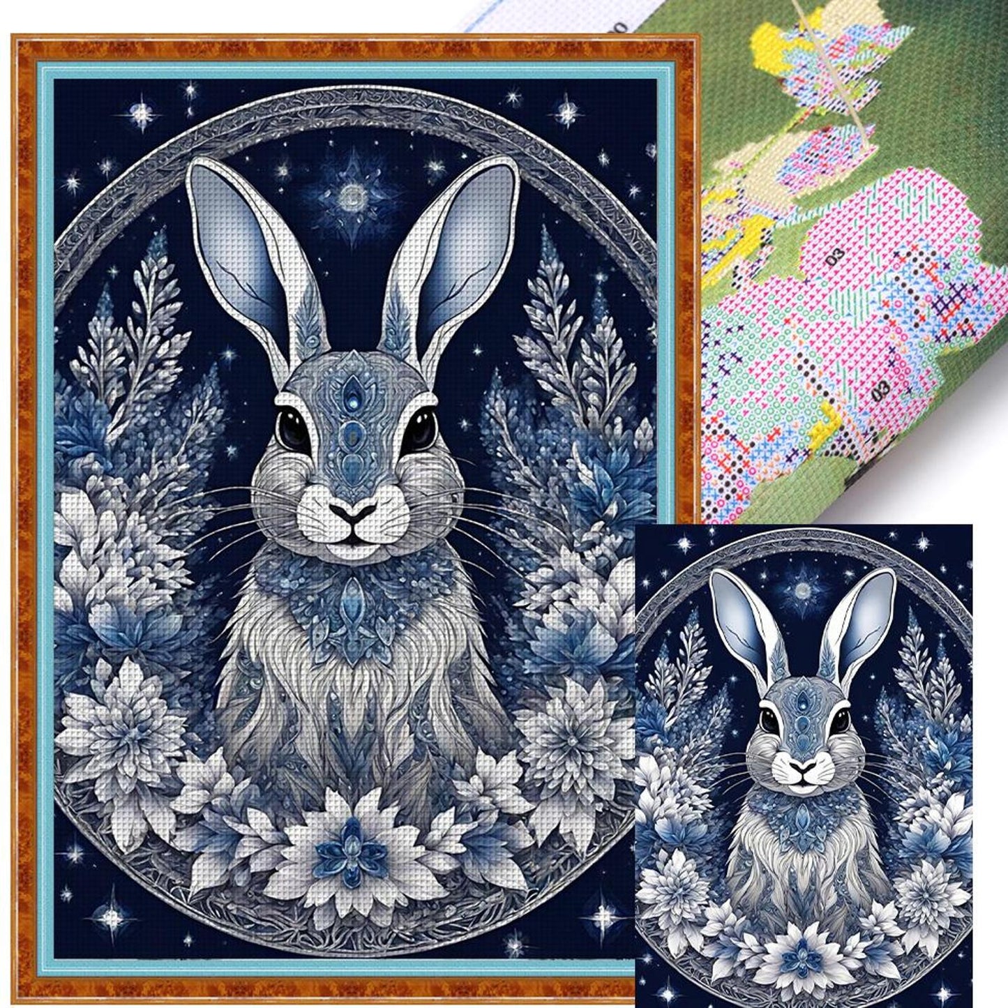 Blue And White Porcelain Rabbit - Full 11CT Stamped Cross Stitch 40x60CM - Huacan