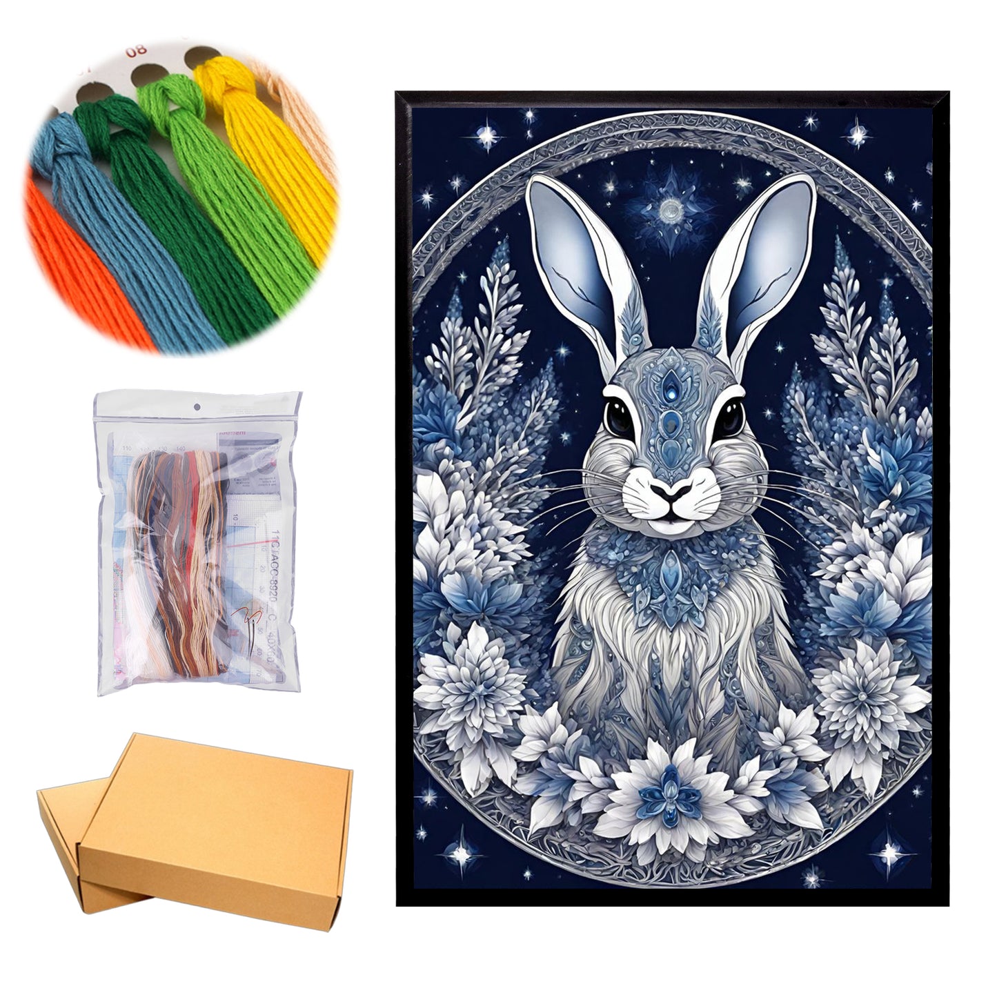 Blue And White Porcelain Rabbit - Full 11CT Stamped Cross Stitch 40x60CM - Huacan