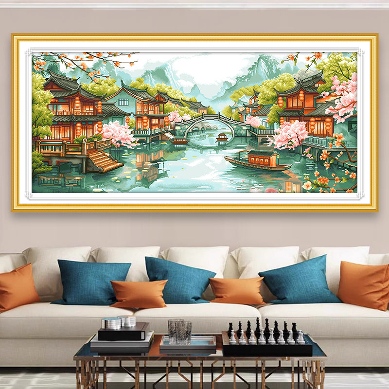 Recall Jiangnan - Full 11CT Stamped Cross Stitch 160x75CM - QiangHongXiu(56Colors )