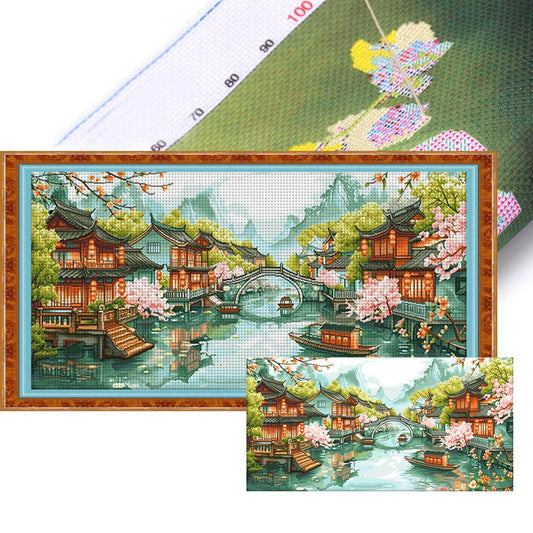Recall Jiangnan - Full 11CT Stamped Cross Stitch 160x75CM - QiangHongXiu(56Colors )