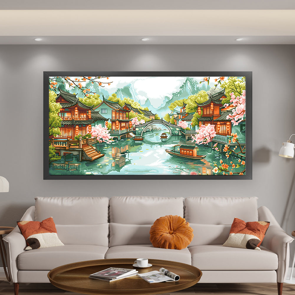 Recall Jiangnan - Full 11CT Stamped Cross Stitch 160x75CM - QiangHongXiu(56Colors )