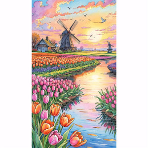 Windmill And Tulip 40*70CM(Picture) Full AB Round Drill Diamond Painting