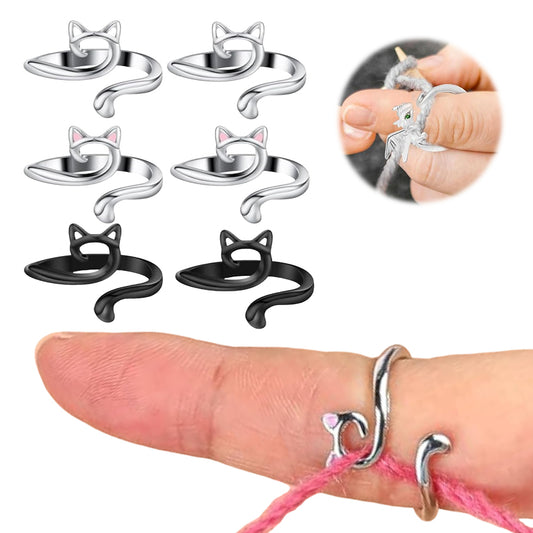 6PCS Cute Cat Shape Crochet Ring Adjustable for Knitting Braiding Sewing