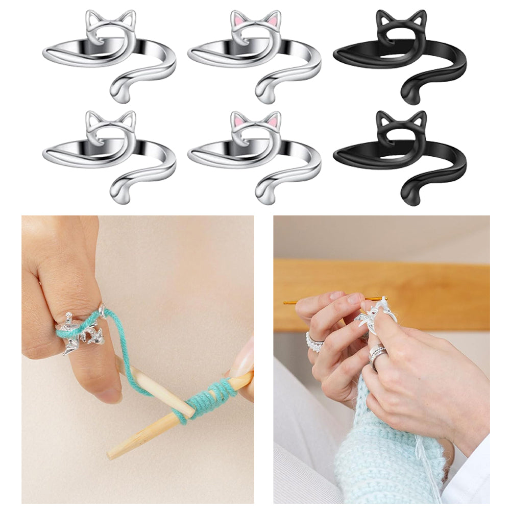 6PCS Cute Cat Shape Crochet Ring Adjustable for Knitting Braiding Sewing