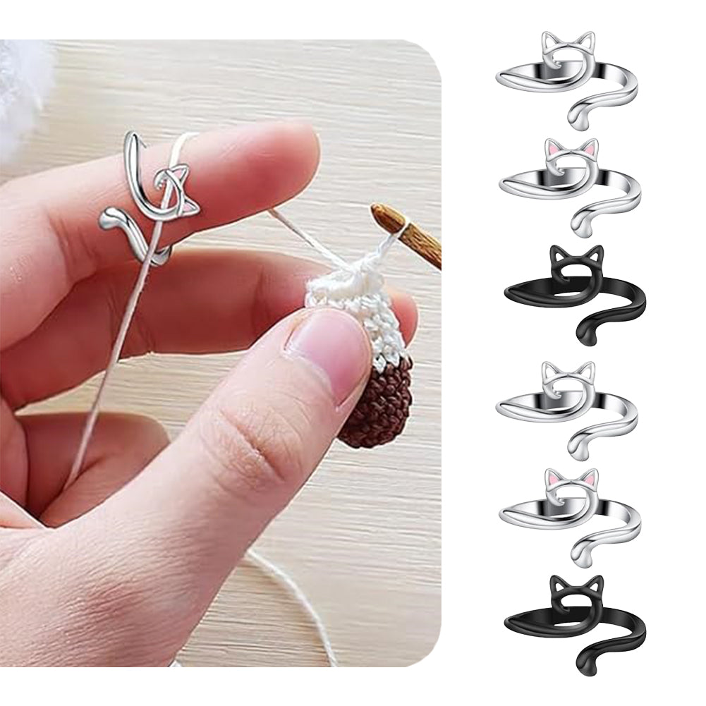 6PCS Cute Cat Shape Crochet Ring Adjustable for Knitting Braiding Sewing