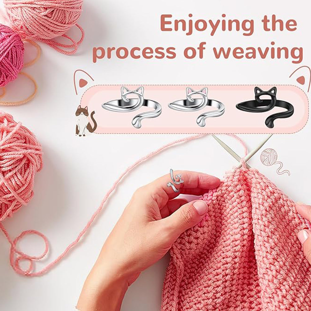 6PCS Cute Cat Shape Crochet Ring Adjustable for Knitting Braiding Sewing