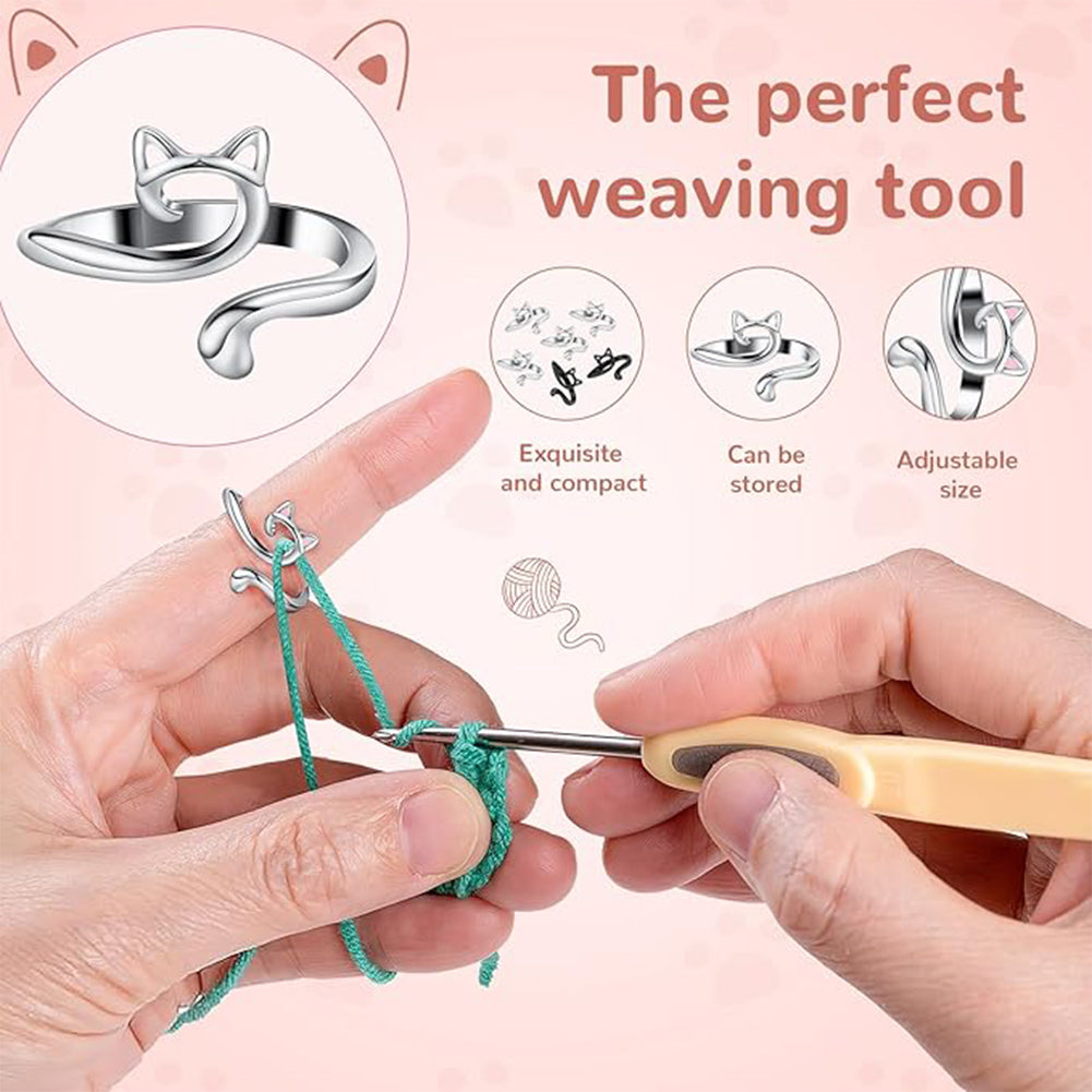6PCS Cute Cat Shape Crochet Ring Adjustable for Knitting Braiding Sewing
