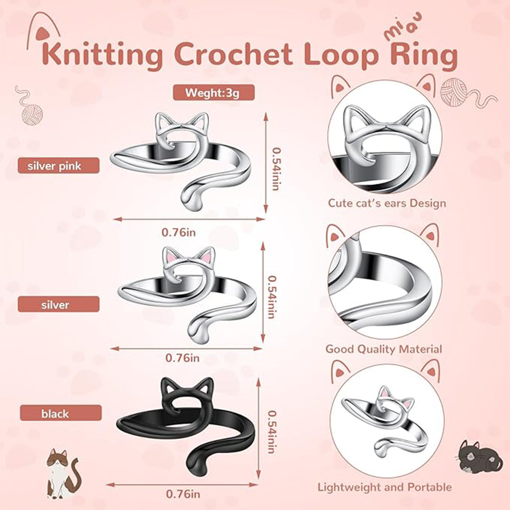 6PCS Cute Cat Shape Crochet Ring Adjustable for Knitting Braiding Sewing