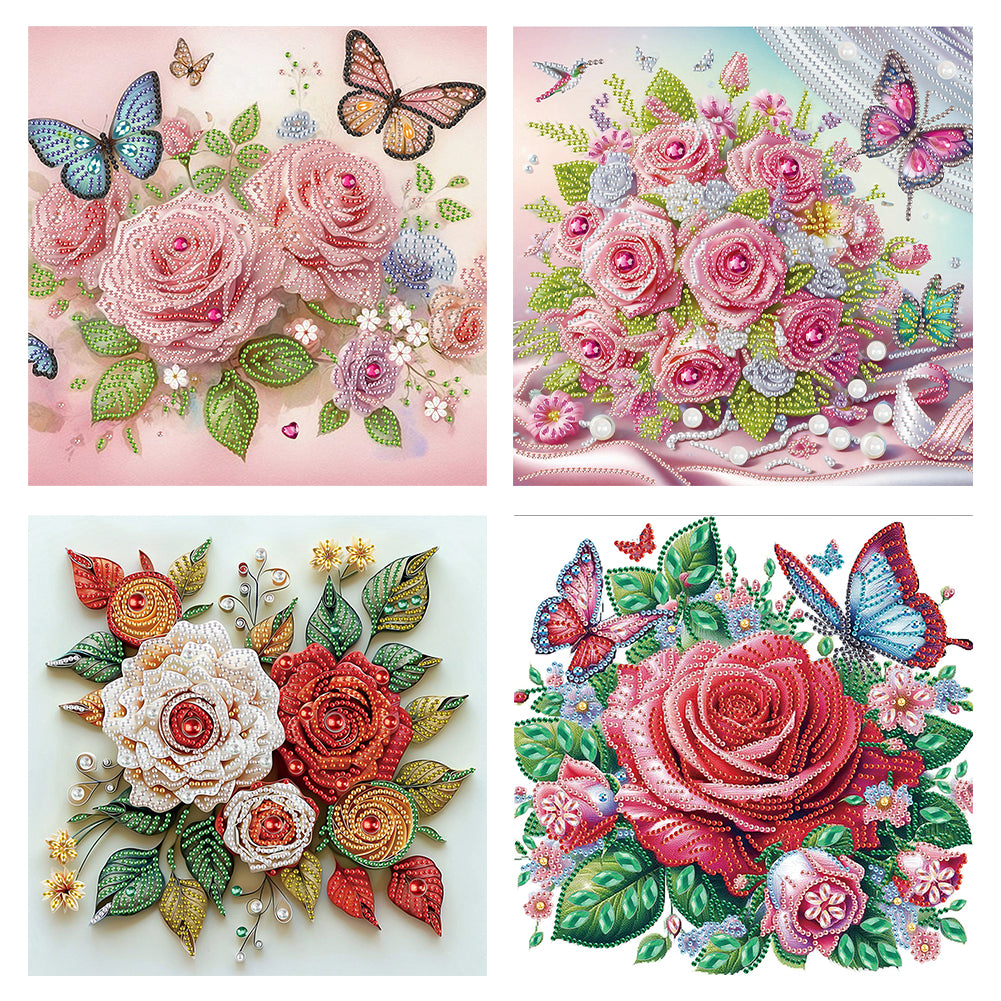 4 Pcs Flower Butterfly 30*30CM(Canvas) Partial Special Shaped Drill Diamond Painting