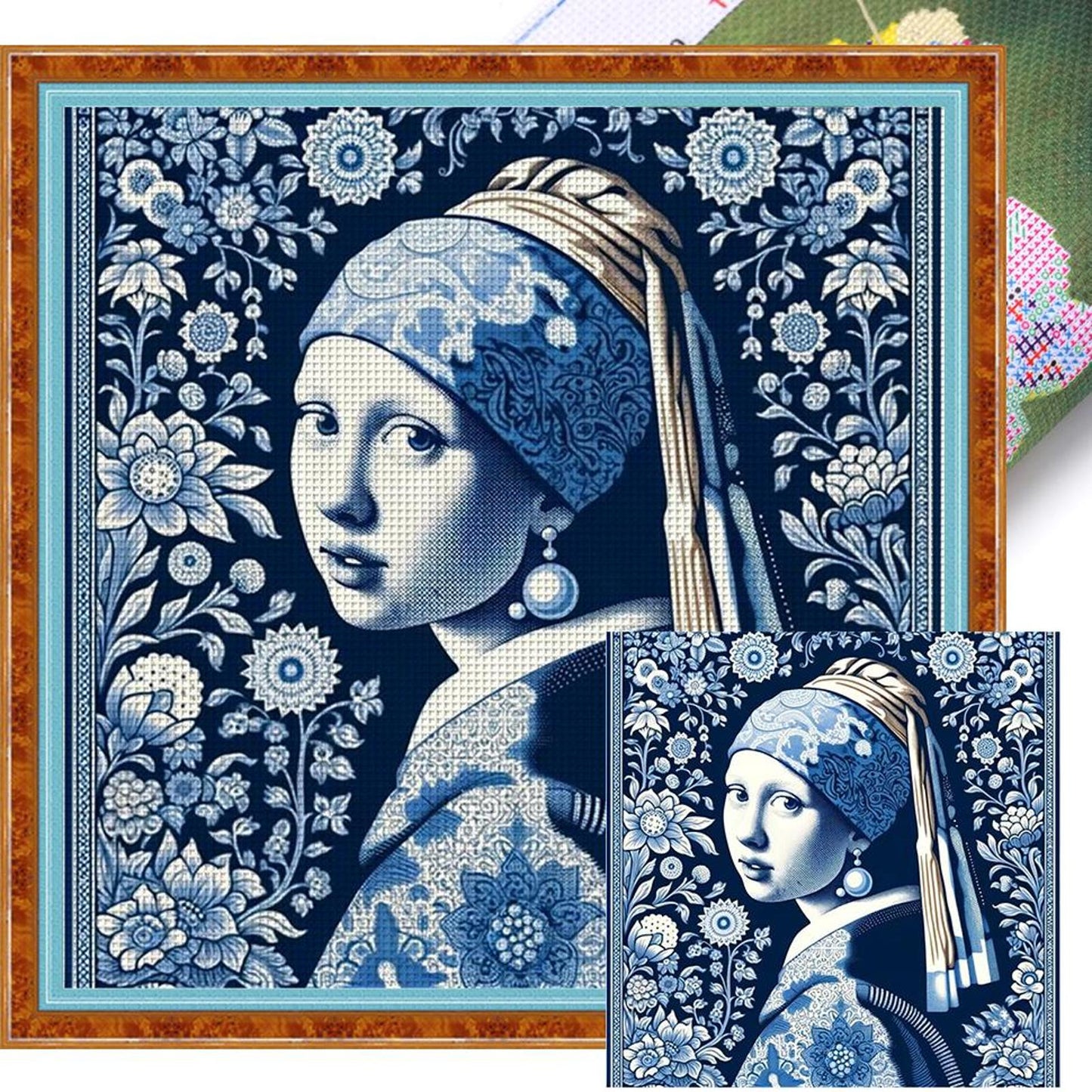 Blue And White Porcelain - Girl With Pearl Earrings - Full 14CT Stamped Cross Stitch 40x40CM - Huacan