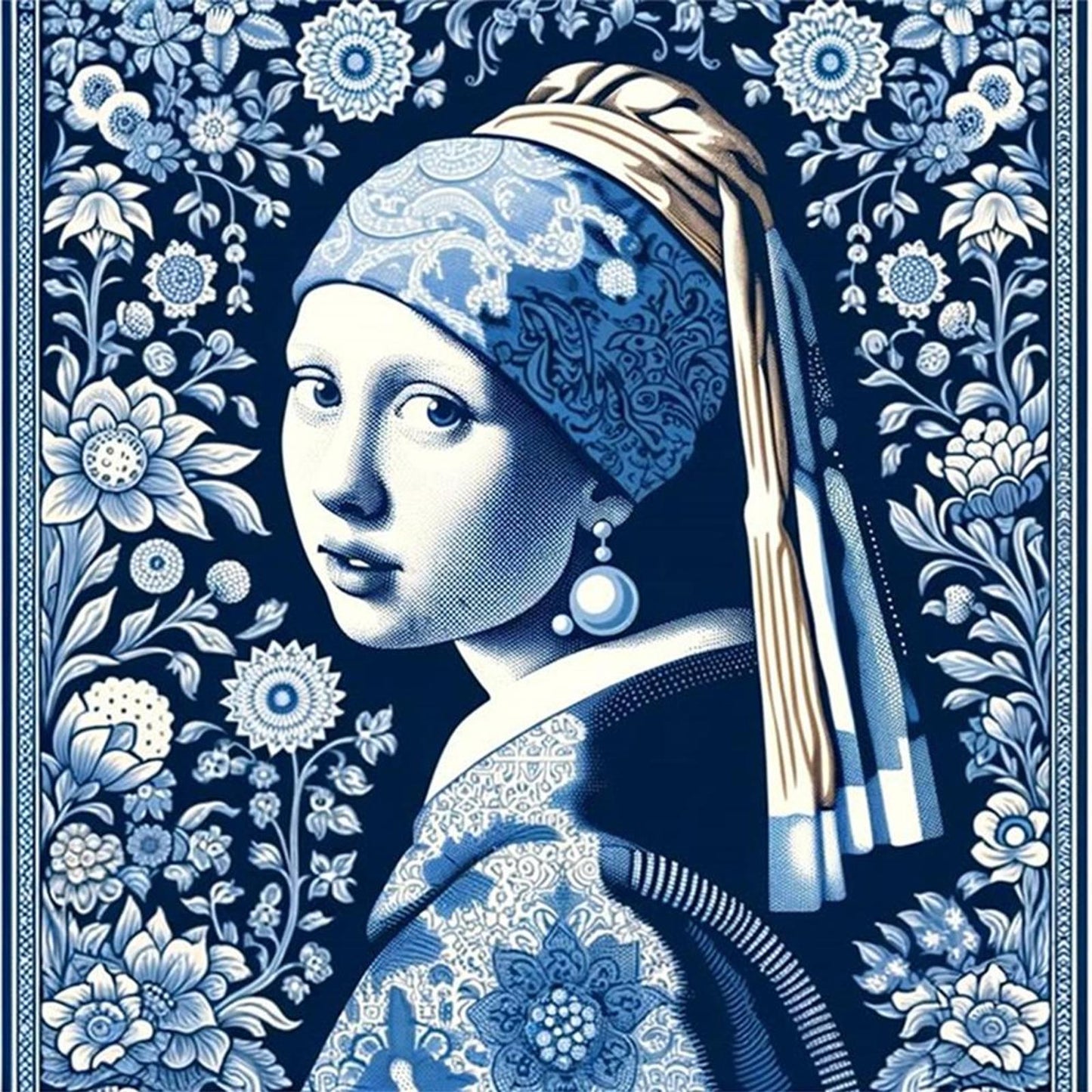 Blue And White Porcelain - Girl With Pearl Earrings - Full 14CT Stamped Cross Stitch 40x40CM - Huacan