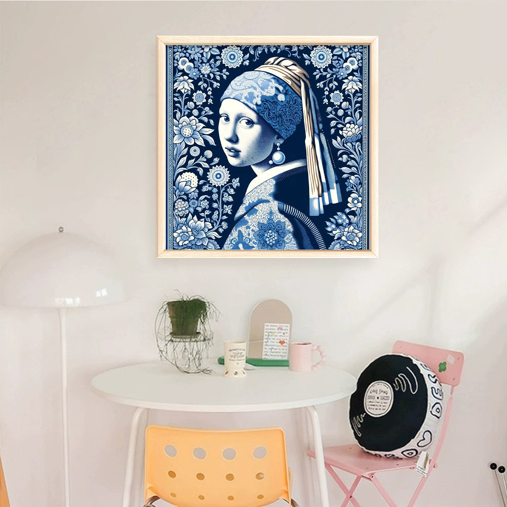Blue And White Porcelain - Girl With Pearl Earrings - Full 14CT Stamped Cross Stitch 40x40CM - Huacan