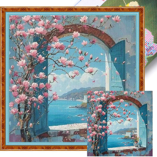 Magnolia By Seaside Window - Full 11CT Stamped Cross Stitch 40x40CM - Yishu