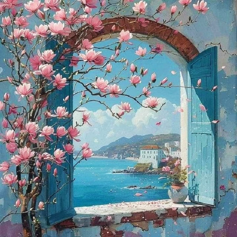Magnolia By Seaside Window - Full 11CT Stamped Cross Stitch 40x40CM - Yishu