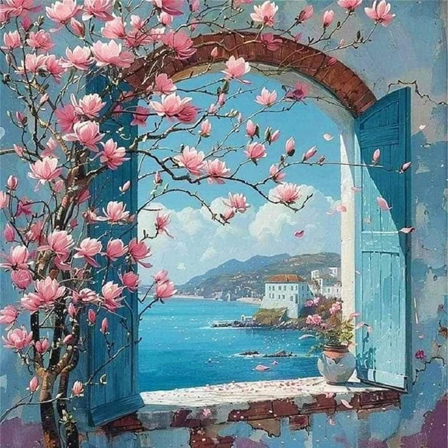 Magnolia By Seaside Window - Full 11CT Stamped Cross Stitch 40x40CM - Yishu