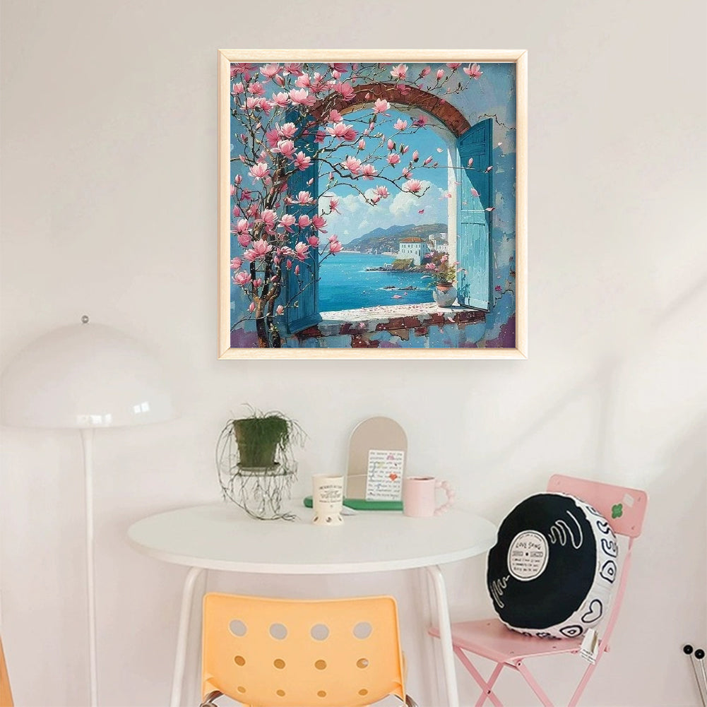 Magnolia By Seaside Window - Full 11CT Stamped Cross Stitch 40x40CM - Yishu
